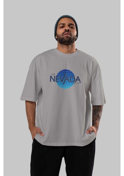 Nevada Ön Baskılı Gri Oversize T-Shirt Unisex Erkek Kadın Bisiklet Yaka