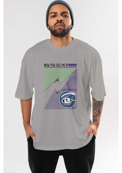 Now You See Me Ön Baskılı Gri Oversize T-Shirt Unisex Erkek Kadın Bisiklet Yaka