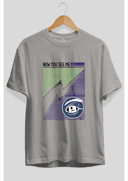 Now You See Me Ön Baskılı Gri Oversize T-Shirt Unisex Erkek Kadın Bisiklet Yaka fiyatları