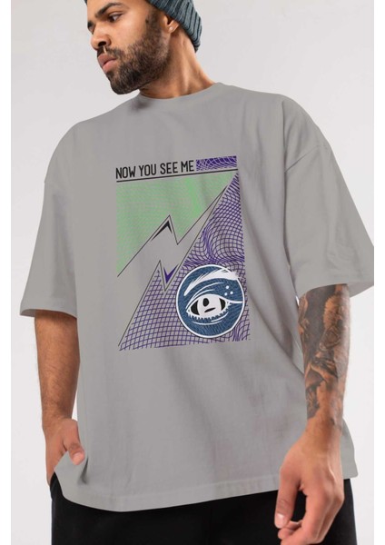 Now You See Me Ön Baskılı Gri Oversize T-Shirt Unisex Erkek Kadın Bisiklet Yaka modelleri