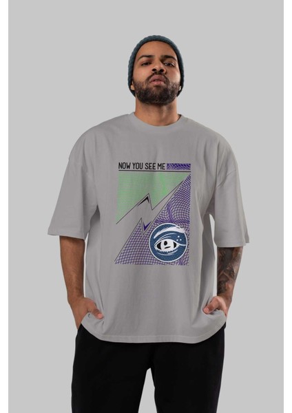 Now You See Me Ön Baskılı Gri Oversize T-Shirt Unisex Erkek Kadın Bisiklet Yaka indirimleri