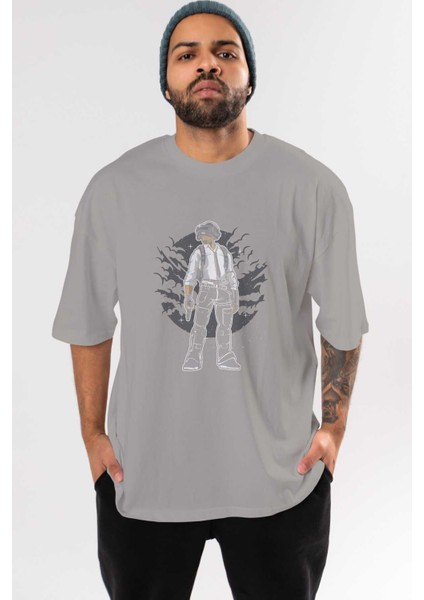 Pubg Ön Baskılı Gri Oversize T-Shirt Unisex Erkek Kadın Bisiklet Yaka