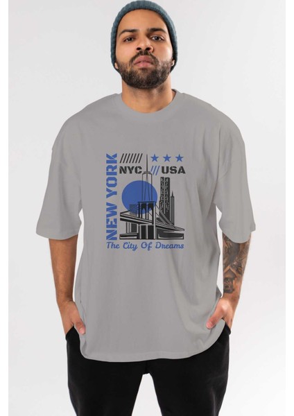 New York 3 Ön Baskılı Gri Oversize T-Shirt Unisex Erkek Kadın Bisiklet Yaka