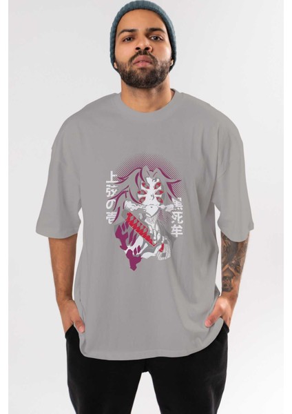 Kokushibo Anime Ön Baskılı Gri Oversize T-Shirt %100 Pamuk Erkek Kadın