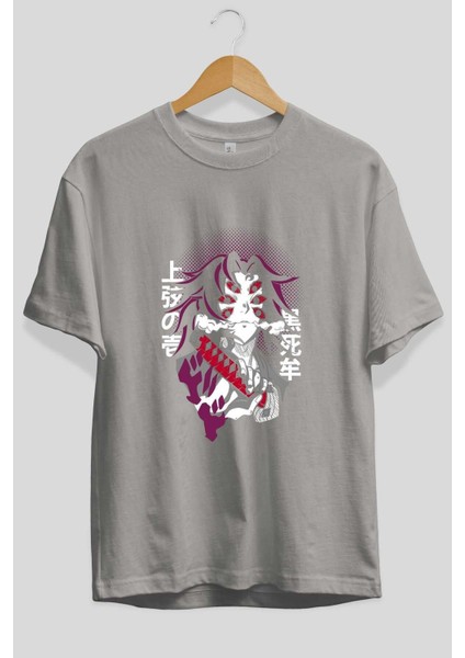 Kokushibo Anime Ön Baskılı Gri Oversize T-Shirt %100 Pamuk Erkek Kadın fiyatları