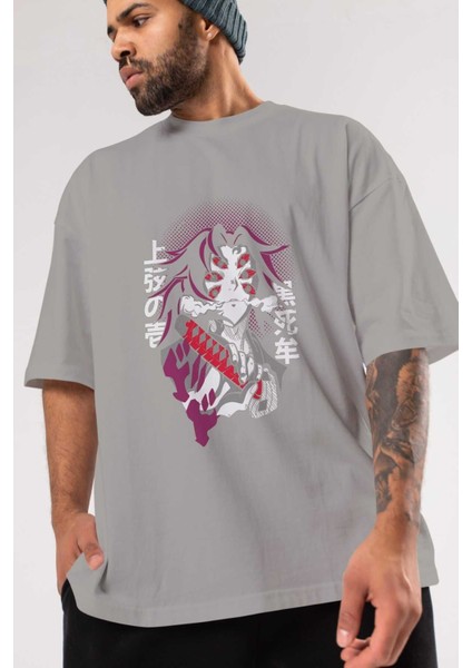 Kokushibo Anime Ön Baskılı Gri Oversize T-Shirt %100 Pamuk Erkek Kadın modelleri