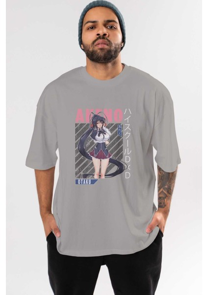 Akeno Himejima 4 Anime Ön Baskılı Gri Oversize T-Shirt %100 Pamuk Erkek Kadın
