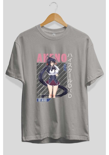 Akeno Himejima 4 Anime Ön Baskılı Gri Oversize T-Shirt %100 Pamuk Erkek Kadın