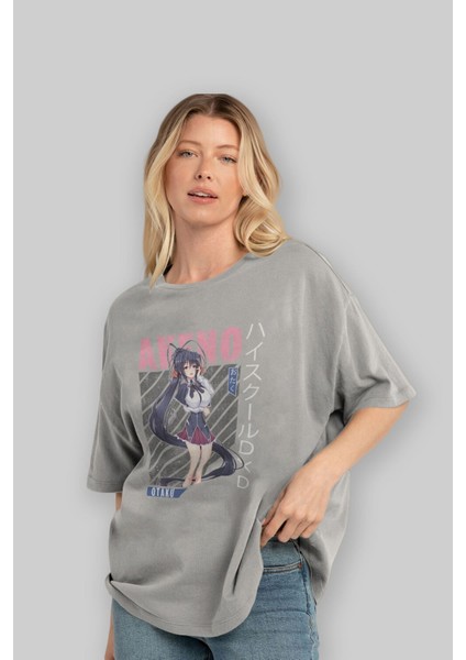 Akeno Himejima 4 Anime Ön Baskılı Gri Oversize T-Shirt %100 Pamuk Erkek Kadın