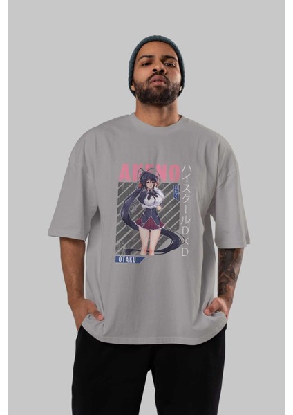 Akeno Himejima 4 Anime Ön Baskılı Gri Oversize T-Shirt %100 Pamuk Erkek Kadın