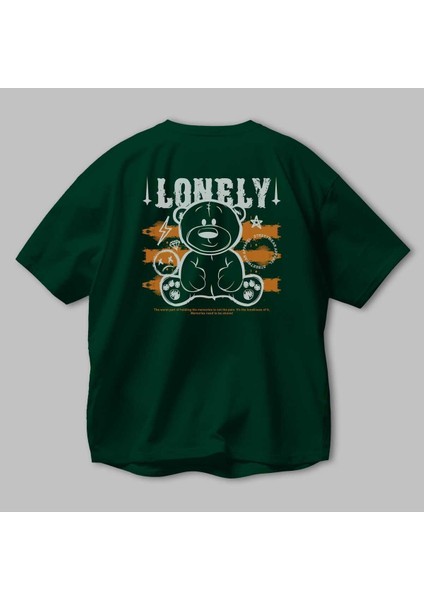 Teddy Bear Lonely Arka Baskılı Zümrüt Yeşili Oversize T-Shirt Erkek Kadın Bisiklet Yaka modelleri