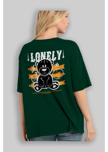 Teddy Bear Lonely Arka Baskılı Zümrüt Yeşili Oversize T-Shirt Erkek Kadın Bisiklet Yaka fırsatları