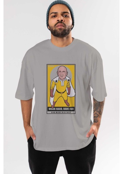 Jeff Bezos Saitama Ön Baskılı Gri Oversize T-Shirt Unisex Erkek Kadın Bisiklet Yaka