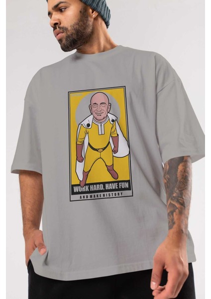 Jeff Bezos Saitama Ön Baskılı Gri Oversize T-Shirt Unisex Erkek Kadın Bisiklet Yaka modelleri