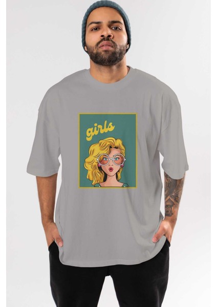 Yellow Girls Retro Ön Baskılı Gri Oversize T-Shirt Unisex Erkek Kadın Bisiklet Yaka