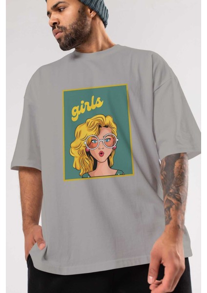 Yellow Girls Retro Ön Baskılı Gri Oversize T-Shirt Unisex Erkek Kadın Bisiklet Yaka modelleri
