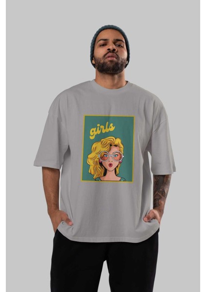 Yellow Girls Retro Ön Baskılı Gri Oversize T-Shirt Unisex Erkek Kadın Bisiklet Yaka indirimleri