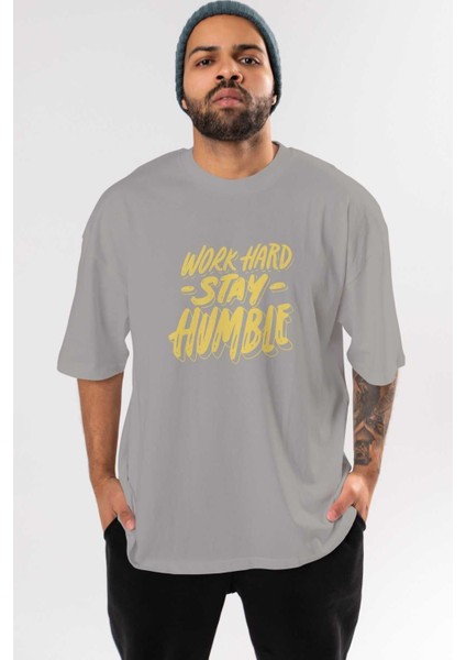 Word Hard Yazılı Ön Baskılı Gri Oversize T-Shirt Unisex Erkek Kadın Bisiklet Yaka