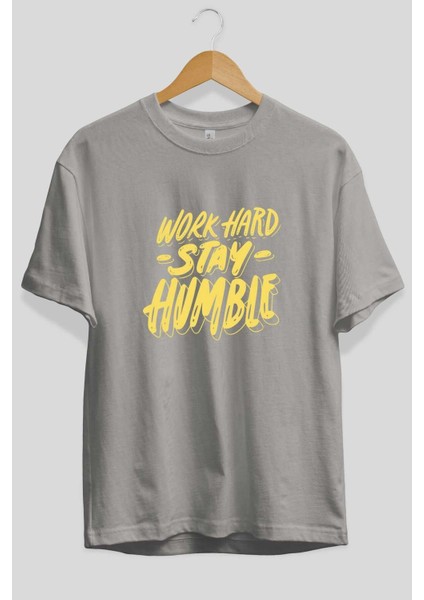 Word Hard Yazılı Ön Baskılı Gri Oversize T-Shirt Unisex Erkek Kadın Bisiklet Yaka fiyatları