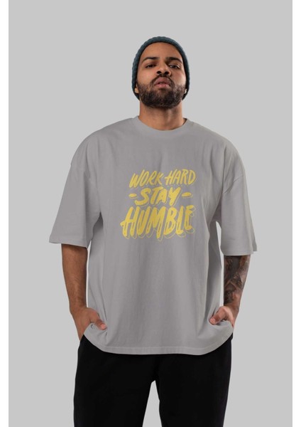Word Hard Yazılı Ön Baskılı Gri Oversize T-Shirt Unisex Erkek Kadın Bisiklet Yaka indirimleri