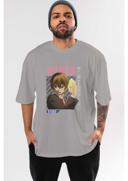 Yuuta Togashi 2 Anime Ön Baskılı Gri Oversize T-Shirt %100 Pamuk Erkek Kadın