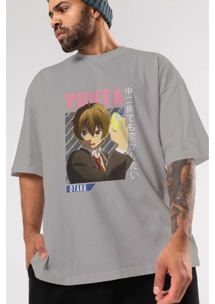 Yuuta Togashi 2 Anime Ön Baskılı Gri Oversize T-Shirt %100 Pamuk Erkek Kadın modelleri