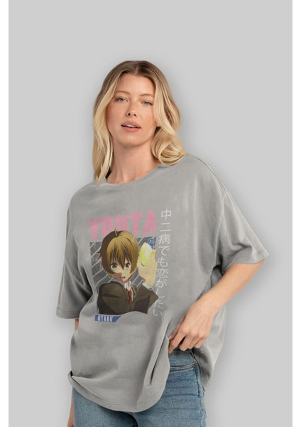 Yuuta Togashi 2 Anime Ön Baskılı Gri Oversize T-Shirt %100 Pamuk Erkek Kadın fırsatları