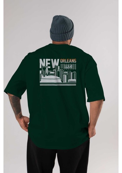 New Orleans Arka Baskılı Zümrüt Yeşili Oversize T-Shirt Unisex Erkek Kadın Bisiklet Yaka