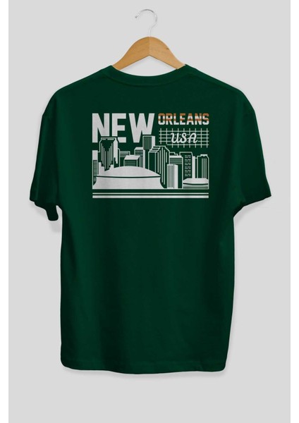 New Orleans Arka Baskılı Zümrüt Yeşili Oversize T-Shirt Unisex Erkek Kadın Bisiklet Yaka fiyatları