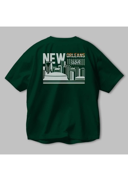 New Orleans Arka Baskılı Zümrüt Yeşili Oversize T-Shirt Unisex Erkek Kadın Bisiklet Yaka modelleri