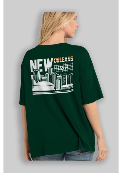 New Orleans Arka Baskılı Zümrüt Yeşili Oversize T-Shirt Unisex Erkek Kadın Bisiklet Yaka fırsatları