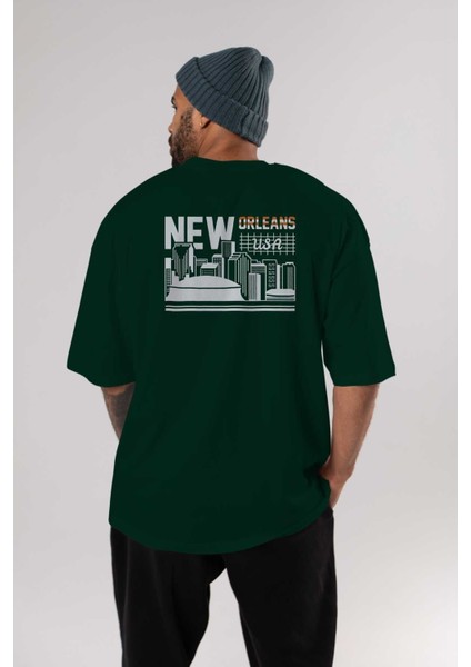 New Orleans Arka Baskılı Zümrüt Yeşili Oversize T-Shirt Unisex Erkek Kadın Bisiklet Yaka indirimleri