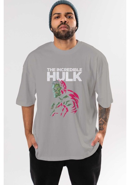 Hulk (10) Ön Baskılı Gri Oversize T-Shirt Bisiklet Yaka Pamuk Erkek Kadın