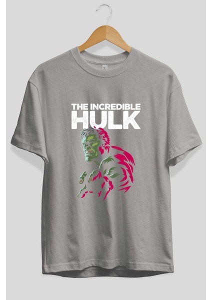 Hulk (10) Ön Baskılı Gri Oversize T-Shirt Bisiklet Yaka Pamuk Erkek Kadın