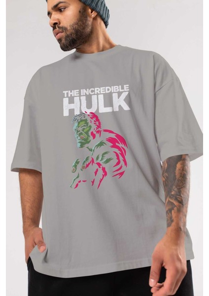 Hulk (10) Ön Baskılı Gri Oversize T-Shirt Bisiklet Yaka Pamuk Erkek Kadın