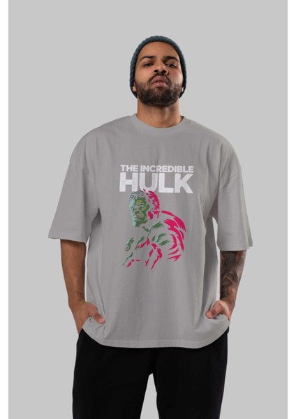 Hulk (10) Ön Baskılı Gri Oversize T-Shirt Bisiklet Yaka Pamuk Erkek Kadın
