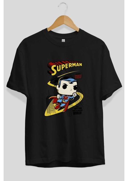 Superman (2) Ön Baskılı Siyah Oversize T-Shirt Bisiklet Yaka Erkek Kadın fiyatları