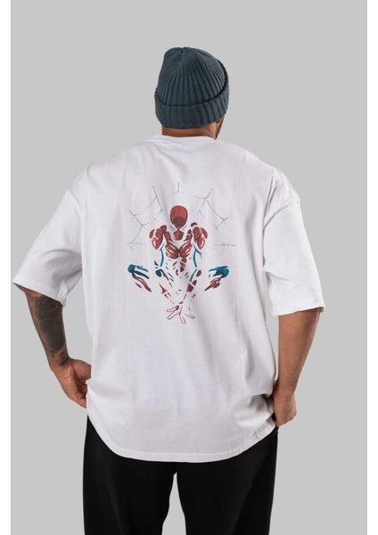 Spiderman (15) Arka Baskılı Beyaz Oversize T-Shirt Bisiklet Yaka Pamuk Erkek Kadın