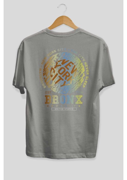 Brooklyn And New York Arka Baskılı Gri Oversize T-Shirt Unisex Erkek Kadın Bisiklet Yaka fiyatları