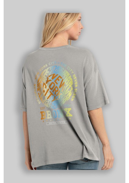 Brooklyn And New York Arka Baskılı Gri Oversize T-Shirt Unisex Erkek Kadın Bisiklet Yaka modelleri