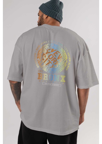 Brooklyn And New York Arka Baskılı Gri Oversize T-Shirt Unisex Erkek Kadın Bisiklet Yaka indirimleri