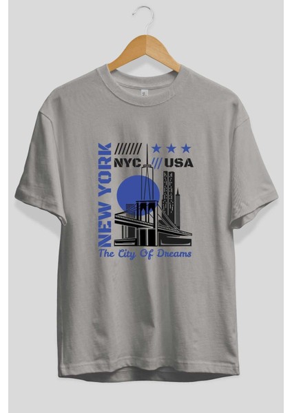 New York 3 Ön Baskılı Gri Oversize T-Shirt Unisex Erkek Kadın Bisiklet Yaka fiyatları