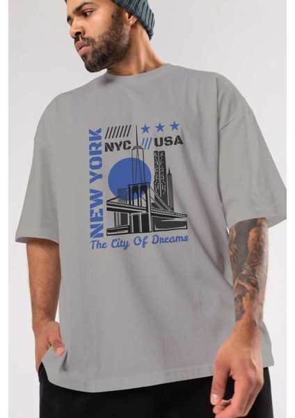 New York 3 Ön Baskılı Gri Oversize T-Shirt Unisex Erkek Kadın Bisiklet Yaka modelleri