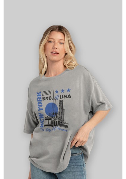 New York 3 Ön Baskılı Gri Oversize T-Shirt Unisex Erkek Kadın Bisiklet Yaka fırsatları