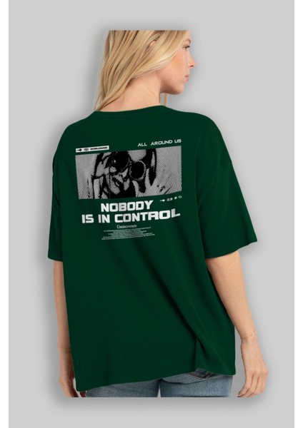 Nobody Is In Control Arka Baskılı Zümrüt Yeşili Oversize T-Shirt Unisex Erkek Kadın Bisiklet Yaka fırsatları