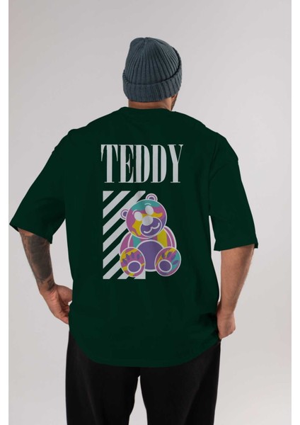 Teddy Bear 2 Arka Baskılı Zümrüt Yeşili Oversize T-Shirt Erkek Kadın Bisiklet Yaka