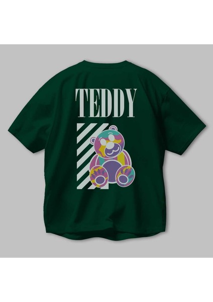 Teddy Bear 2 Arka Baskılı Zümrüt Yeşili Oversize T-Shirt Erkek Kadın Bisiklet Yaka modelleri