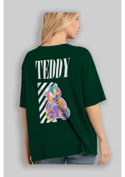 Teddy Bear 2 Arka Baskılı Zümrüt Yeşili Oversize T-Shirt Erkek Kadın Bisiklet Yaka fırsatları