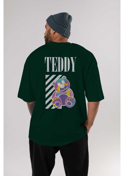 Teddy Bear 2 Arka Baskılı Zümrüt Yeşili Oversize T-Shirt Erkek Kadın Bisiklet Yaka indirimleri