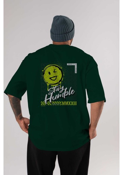 Stay Humble Arka Baskılı Zümrüt Yeşili Oversize T-Shirt Erkek Kadın Bisiklet Yaka